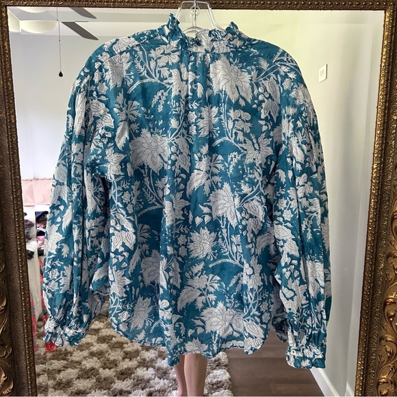 Alix of Bohemia Poet blouse turquoise floral block print ruffle collar - Picture 2 of 6